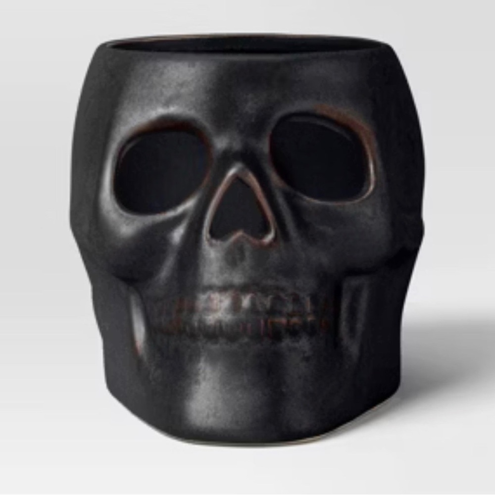 4.12"x6.12" Small Patina Pillar Ceramic Skull Candle Holder Black - Threshold™